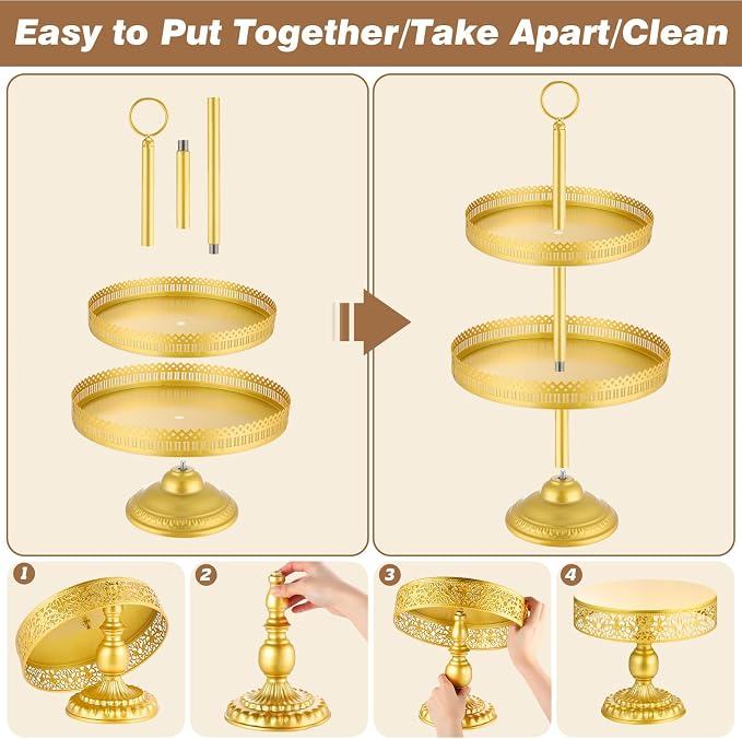 Wenqik 15 Pcs Gold Cake Stand Set Metal Dessert Display Set Tiered Cupcake Holder Square Serving Trays Round Tower Tray Platter for Wedding Birthday Party Celebration (Classic Style)