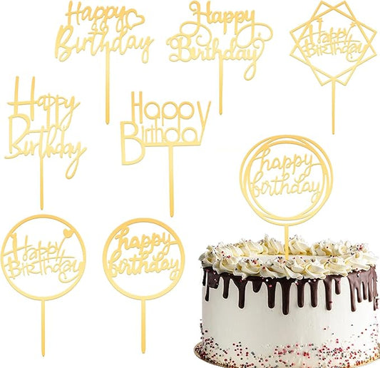 8 Packs Gold Happy Birthday Cake Toppers, Acrylic Double-Sided Glitter Cupcake Toppers Set, Happy Birthday Party Sign Decorations Supplies
