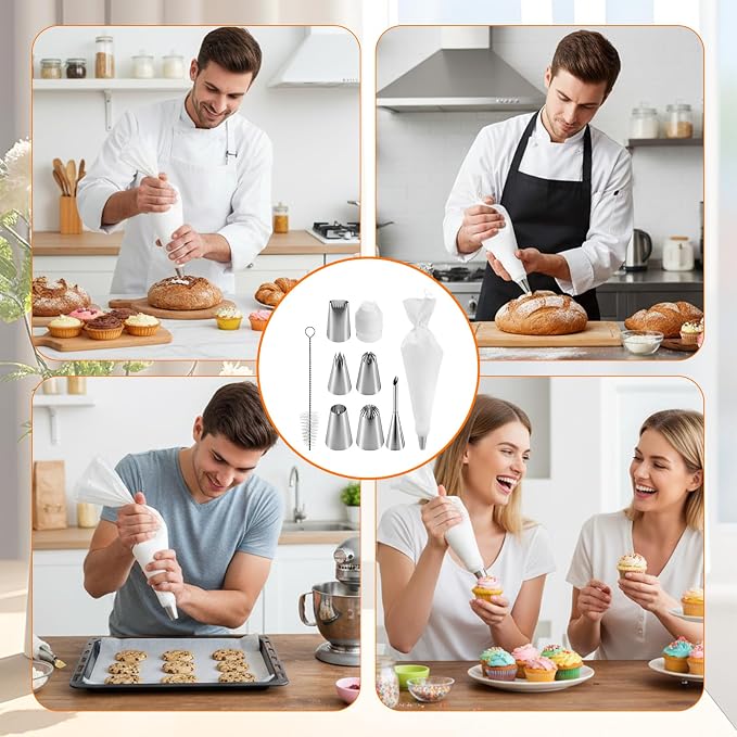 Pastry Bags and Tips 9 PCS Reusable Piping Bags and Tips Set with Coupler, 16" Large Pastry Bag, Stainless Steel Nozzles and Cleaner for Cake Decorating, Baking Supplies