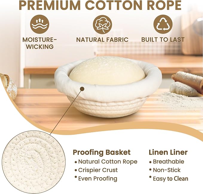 Mini Bread Dough Proofing Basket (5.5'', Set of 6), Natural Cotton Rope Mini Banneton Basket & Liner, Sourdough Banneton Basket for Bread Bowls & Small Loaves