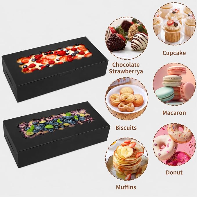50 pcs Black Cookie Box,12x5.5x2.5 Inch Bakery Boxes with Window Pies Chocolate Strawberries Muffins Biscuit Pastry Dessert Box For Packaging