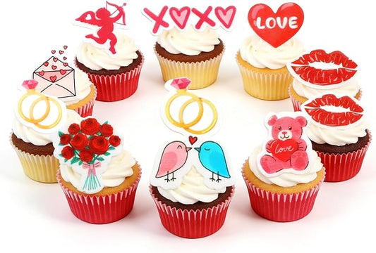 65PCS Valentine's Day Edible Cupcake Toppers & Cake Decorations Romantic Wafer Paper Assortment with Hearts, Cupid Flowers for Anniversary & Wedding Party Desserts