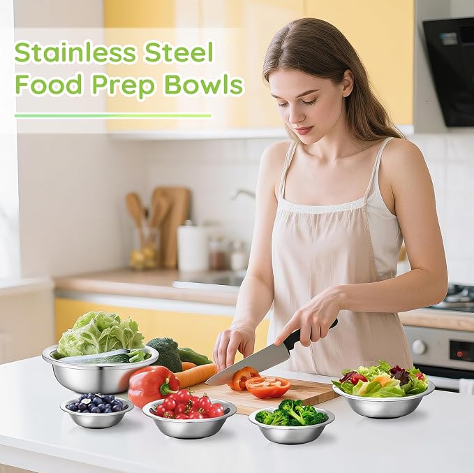 304(18/8) Stainless Steel Mixing Bowls for Kitchen, 6 Pack 7" 21.22 fl.oz Metal Mixing Bowls Set Stackable for Baking Serving Cooking Food Prep Storage Dishwasher Safe Lightweight