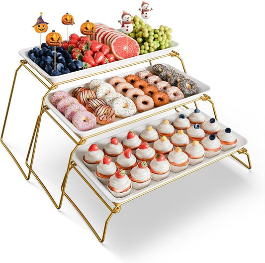 Extra Large 3-Tier Melamine Serving Tray Set and Cupcake Stand for Party Events, 17" Platters with Tiered Stand, Holds 63 Cupcakes, Food, Dessert, and Fruit, 24K Gold-Plated