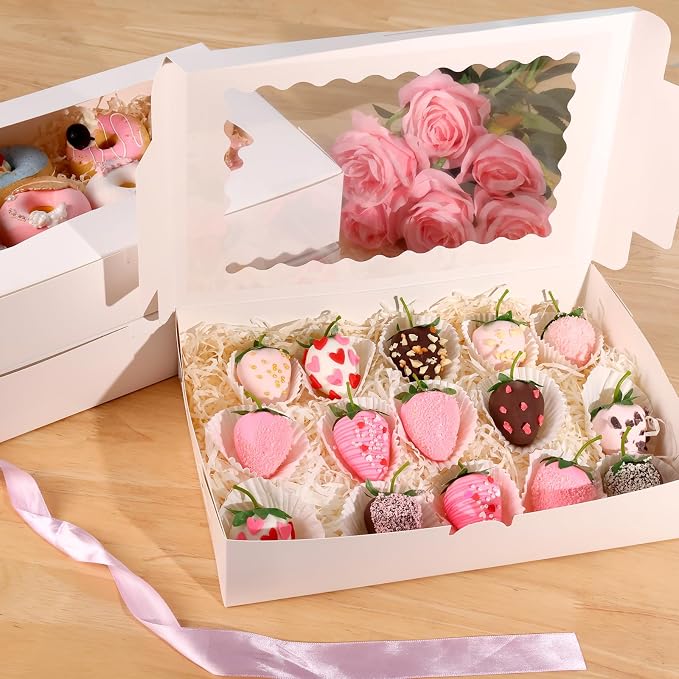 TOMNK 60pcs Cookie Boxes, 12x8x2.5 Inches 3 Style Bakery Boxes, Treat Containers with Window for Candies, Chocolate Strawberries, Cakes, Muffins, Donuts