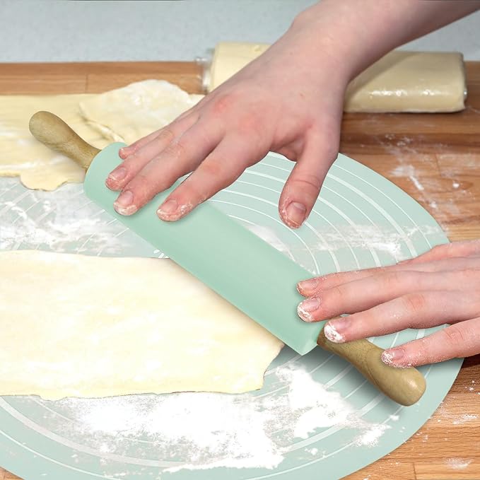 Silicone Rolling Pin Backing Mat Set, 13" Dough Roller with Non Stick Pastry Sheet, Small Fondant Roller Round Kneading Mat for Bread Cookie Pie Pizza Sourdough Kitchen (Mint Green)