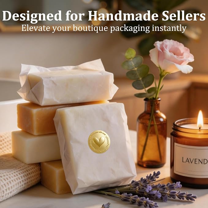 100 Pack Handmade with Love Stickers, Embossed Gold Foil Labels, Premium Raised Metallic Seals for Small Business Packaging, Gift Bags, Bakery Boxes & Handmade Sellers 1.5 Inch
