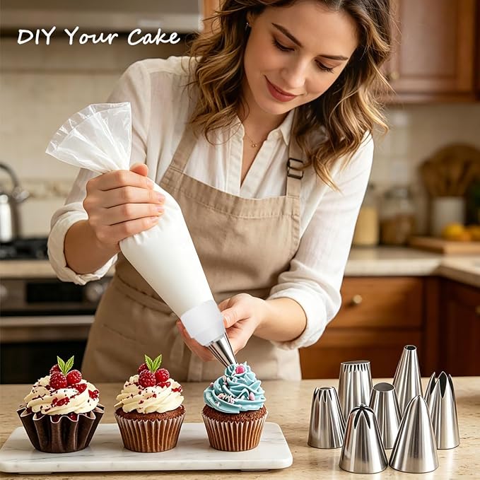 KINGYEENUO Piping Bags and Tips Set, Reusable Cake Decorating Supplies | 16 Inch Cotton Pastry Bags with Stainless Steel Icing Nozzles, Leak-Proof Cake Kit for Cupcakes, Cookies, (Dishwasher Safe)