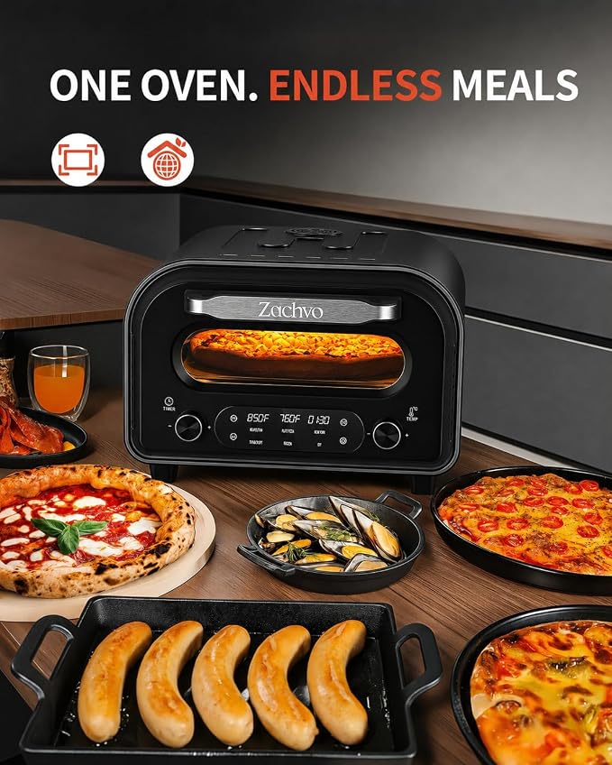 Countertop Electric Pizza Oven, 850°F, 6 Presets with DIY, Stainless | 90-Second 12 Inch Pizza, PID Top & Bottom Temp Control, Dual Knobs for Time & Temp, Always-On Light for Home Pizza Nights