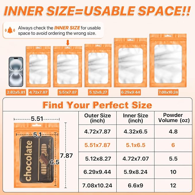 ANZNKU 100 Pack Orange Resealable Mylar Bags with Frosted Clear Window 5.51x7.87", Smell Proof Foil Pouch Bag forJewelry Candy Party Favor Storage Supplies, Sealable Packaging Bags for Small Business