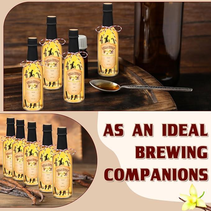 Tioncy 16 Pcs Empty Vanilla Extract Bottles for Homemade Vanilla Jar Glass Bottle with Cap, Shrink Band, Sticker DIY Crafts Wedding Gift Food Storage Canister for Bean(Black,8.5 oz)