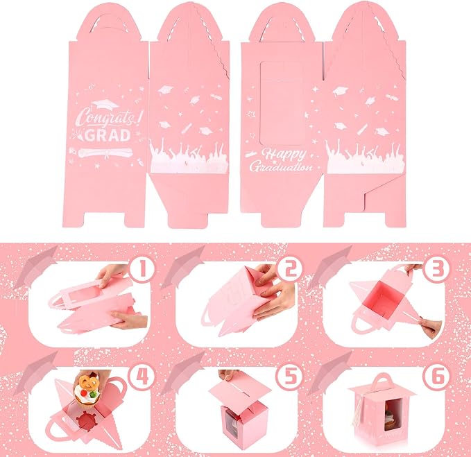 Outus 30 Pcs Graduation Cupcake Boxes Graduation Gift Box Congrats Grad Cupcake Container Candy Boxes with Window and Tassel for 2026 College High School Grad Party(Pink)