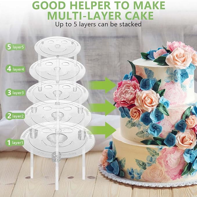 KISEER 5 Pieces Cake Separator Plates Stands with 24 Pieces Plastic Cake Dowels Rods and 15 Pieces Clear Cake Sticks Support Stacking for 4 6 8 10 12 Inch Tiered Cakes