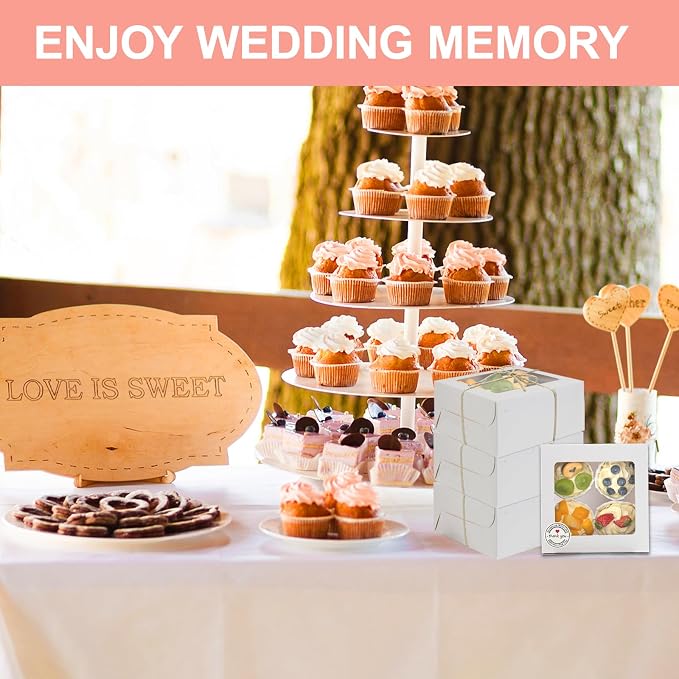 OAMCEG 50 PCS Cupcake Boxes with Window, 6x6x3 Inch Cookie Boxes, Bakery Treat Boxes for Pastry, Dessert, Chocolate Strawberries, Cupcake Containers, Gift Giving with Stickers & Twine（White）