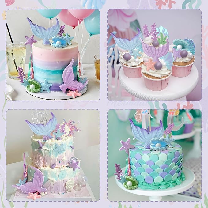 21pcs Mermaid Cake Topper - Mermaid Tail Cake Decorations with Seaweed Shells Starfish Coralal Under the Sea Cake Decorations for Birthday Party Decorations (Blue Purple)
