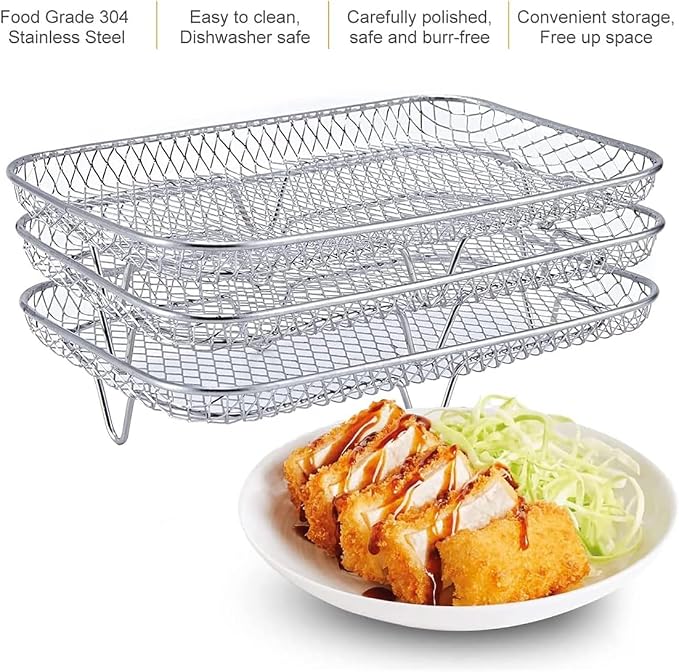 3 layer Square Air Fryer Rack, Stainless Steel Dehydrator, Air Stainless Steel Dehydrator Grill Enhanced Airflow Design Air Fryer Rack for Chicken Wings Vegetables Dual Cakes (Rectangle Set)