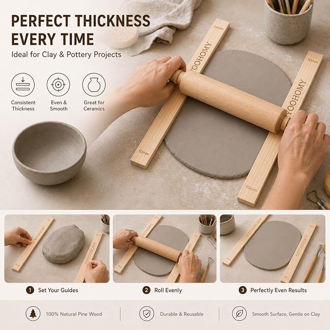 DIYOOHOMY 10 Pcs 17" L Rolling Pin Guides for Clay Dough | Wooden Polymer Clay Pottery Tools, Dough, Pizza, Pastry Thickness Guides, Slab Roller for Clay Machine