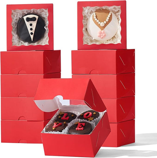 100PCS 4x4x2 inches Classic Red Bakery Boxes with Window - Macaron Cookie Chocolate Truffle Strawberry & Mini Cake Gift Boxes for Parties Valentine's Birthdays Wedding Christmas Favors
