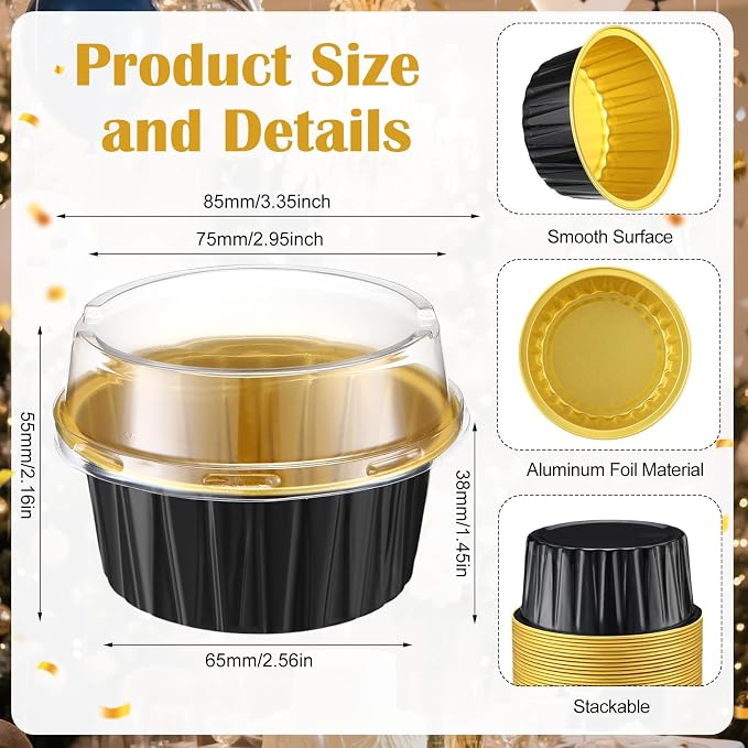 Gejoy 600 Pcs Aluminum Foil Baking Cups with Lids 5 oz Disposable Ramekins Mini Cake Pans Creme Brulee Cupcake Liners Muffin Dessert Container for Wedding Birthday Party (Classic,Black and Gold)