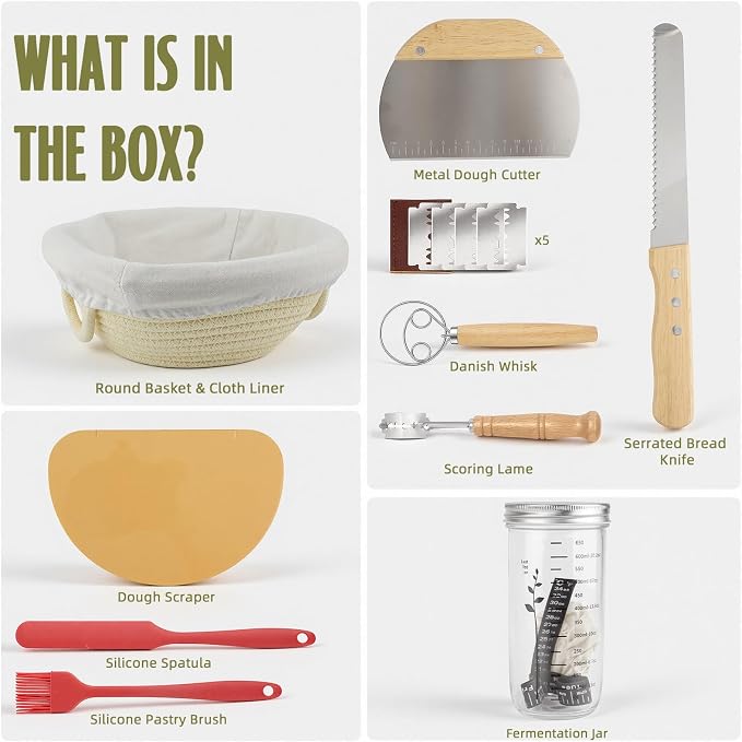 Sourdough Starter Kit, Sourdough Bread Baking Supplies with 24oz Starter Jar -Round Cotton Rope Rising Basket with Bread Knife, Dough Scraper, Liner & Cover, Easy No -Fail Kit, Gift for Home Bakers