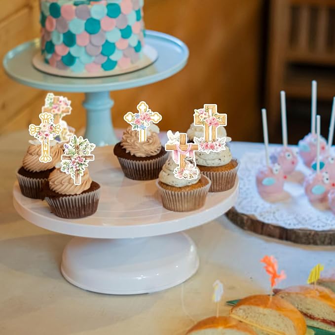 64 PCS Edible God Bless Cupcake Toppers Wafer Paper Dove Cross Baptism Cupcake Picks Edible Floral First Communion Cake Decorations for God Bless Theme Baby Shower Birthday Party Decorations Supplies