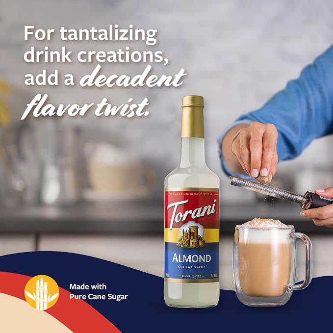 Torani Coffee Syrup, Almond Orgeat Flavored Syrup for Drinks, Glass Bottle 4-Pack, Pumps Included, 25.4 Oz Ea