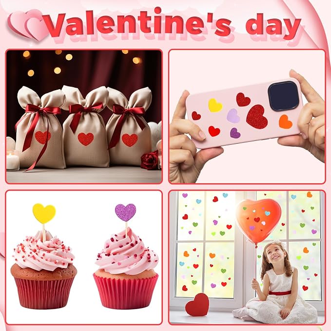 600Pcs Glitter Foam Heart Stickers Valentines Day Love Sticker | 3 Sizes, Self-Adhesive Heart Decal, Party Favors, Handmade Card DIY Crafts, Love-Themed Projects Decorations, Valentines Gift