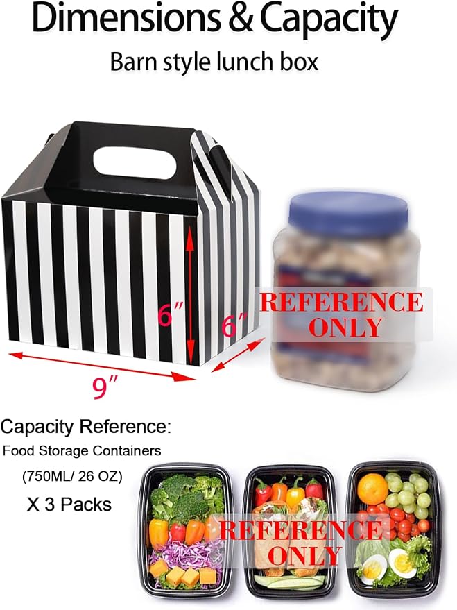 Happyhiram 50 Pcs Large Gift Boxes with Handles Black and White Stripes, 9x6x6 Gable Gift Boxes Party Favor Boxes Barn Style Carry Out Box Recyclable Lunch Boxes Paper for Food Kids Birthday