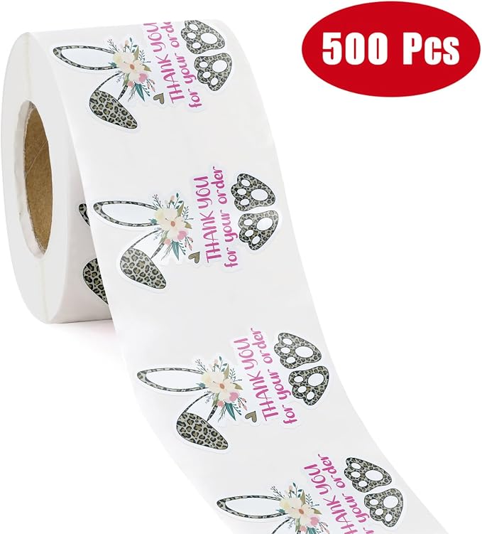 WRAPAHOLIC 1.57 x 2.5 Inch, 500 Total Business Stickers Roll - Leopard Bunny Design, Thank You Lables, Shipping Stickers for Baby Shower and Party Decorations