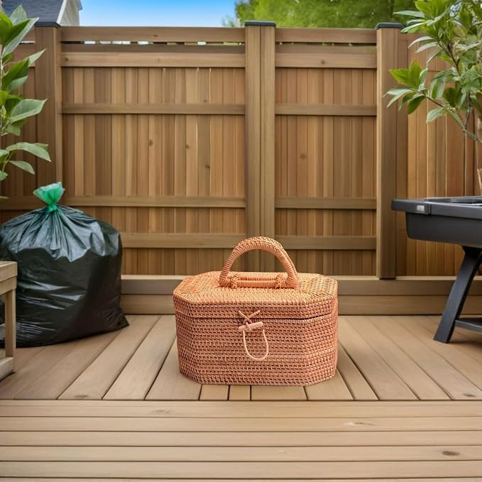 Zerodeko Rattan Storage Box 10.62 Inch Woven Basket Portable Fruit Storage Basket with Lid for Kitchen Dining Home Decor Organizer