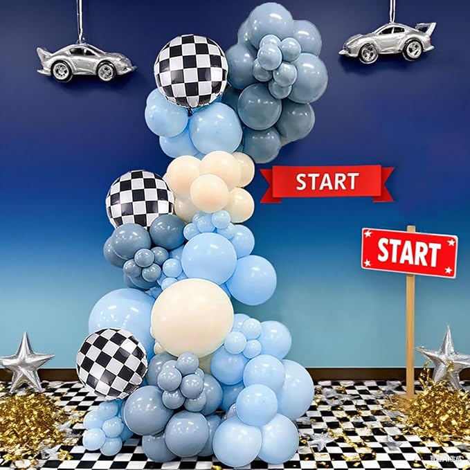 Race Car Balloons Garland Arch Kit,100PCS Macaron Blue Smoke Blue Balloon Arch Kit with Checkered Foil Balloon for Car Fast Birthday Celebration Party Festival Day Decorations