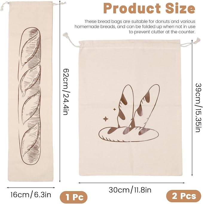 Huakaile 3 Pieces Linen Coffee Sourdough Bread Bags Baguettes 24" x 6" & 11" x 15", Reusable Homemade Bread Storage to Keep Fresh, Large Food Wraps Sourdough Baking Supplies for Kitchen Baker