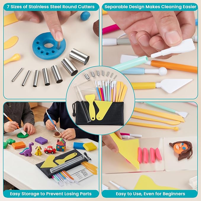 Amrules Clay Tools Kit, 25 PCS Polymer Pottery Tools Set for Beginner, Adults, Pottery Craft, Carving, Drawing, Molding, Modeling, Trimming, Shaping