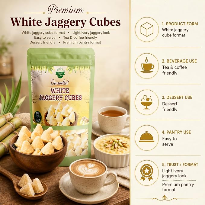 Danodia Foods Organic White Jaggery Cubes, Cane Gur Sweetener, 1 lb Pack | Jaggery gur pieces for chai, coffee, desserts and cooking; Gluten-Free, Vegan; traditional Indian cane sweetener; pantry use