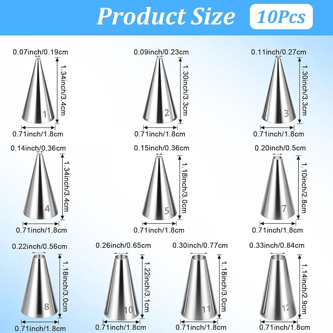 10 Pcs Round Piping Tips Set, Stainless Steel Icing Tips Cupcake Frosting Nozzles Small Cake Decorating Piping Tip Cake Writing Icing Tool Pastry Dispensers Supplies for Baking Cookies Puff Cream
