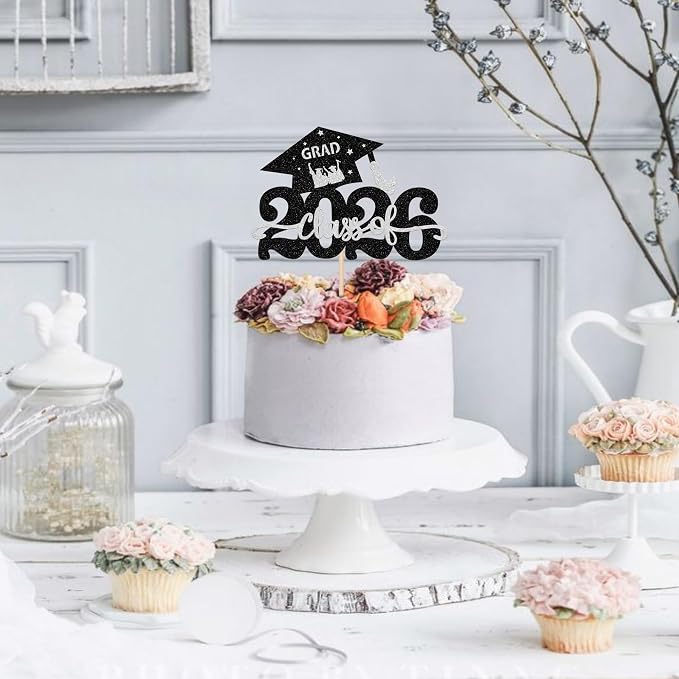 1 Pack Class of 2026 Cake Topper Glitter Congrats Grad Cap 2026 Graduation Cake Pick for 2026 Graduation Theme High School Graduate Party Cake Decorations Supplies Silver