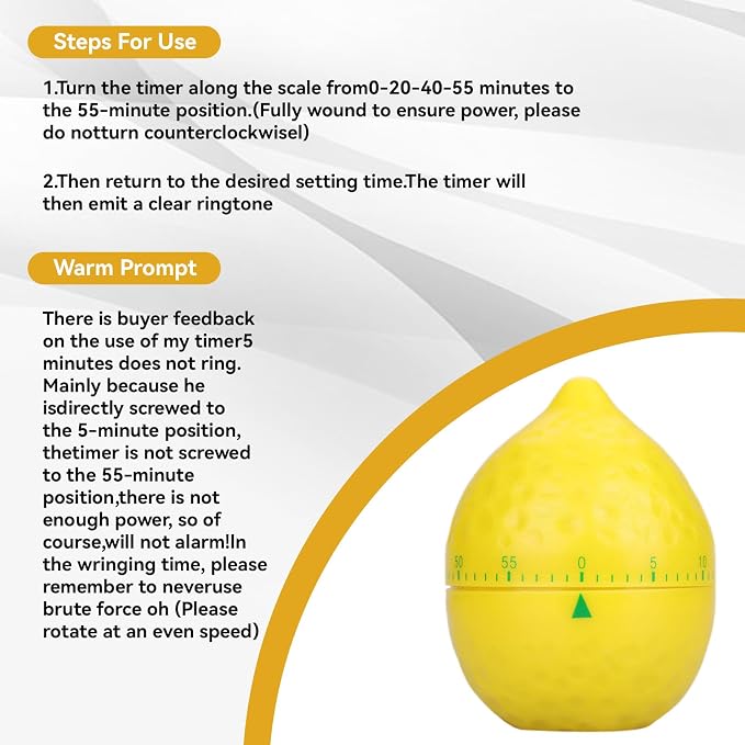 Lemon Kitchen Timer, 60 Minute Wind up Timer Mechanical Wind up Kitchen Timers with Alarm, Mechanical Desk Timer Manual Countdown Timers for Home, Study and Cooking