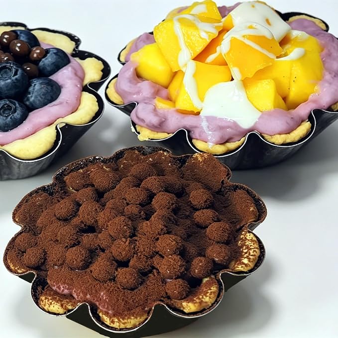 6-Pack 3.74 Inch Nonstick Mini Tart Pans Fluted Side for Pies Pan Round Deep Quiche Mold Heavy Duty Carbon Steel Baking Cupcake Egg Tarts Mousse Cakes Fruit and Desserts Molds for Oven