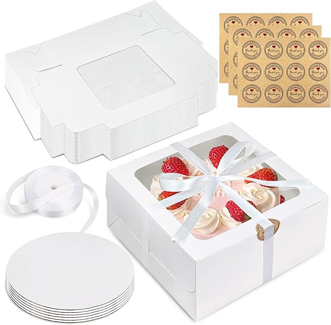 KEEPARTY 28PCS 8x8x4 Inches White Bakery Boxes with Window Bulk Cardboard Pastry and White Cake Round Boards ribbon and stickers for Cookies Pies Gifts and Birthday Party Elegant Pastry Boxes