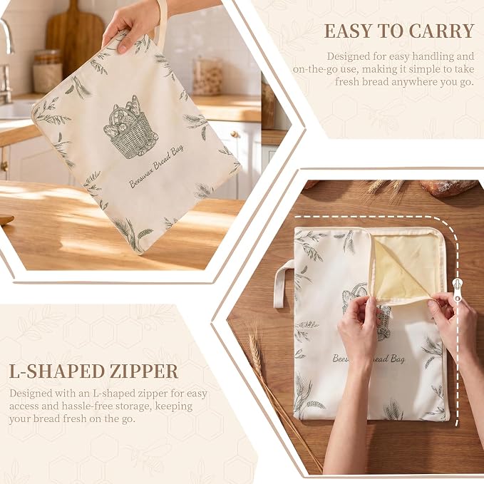 Beeswax Sourdough Bread Bags with Wide Zipper Access, 2 Pack XL 13" x 17" Reusable Linen Cotton Bread Bags for Homemade Bread, Keeps Bread Crusty Outside & Fresh Inside