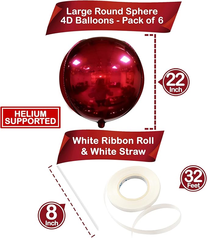 KatchOn, Metallic Red Balloons - 22 Inch, Pack of 6 | Round 4D Mylar Burgandy Balloon for Birthday Decorations | Maroon Balloons for Wedding, Graduation Prom Party Decorations | Baby Shower Decoration