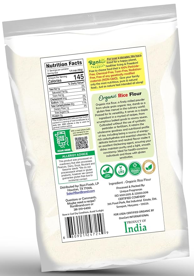 Rani Organic Rice (White) Flour 16oz (1lb) 454g ~ All Natural | Gluten Friendly | Vegan | NON-GMO | Kosher | Indian Origin | USDA Certified Organic