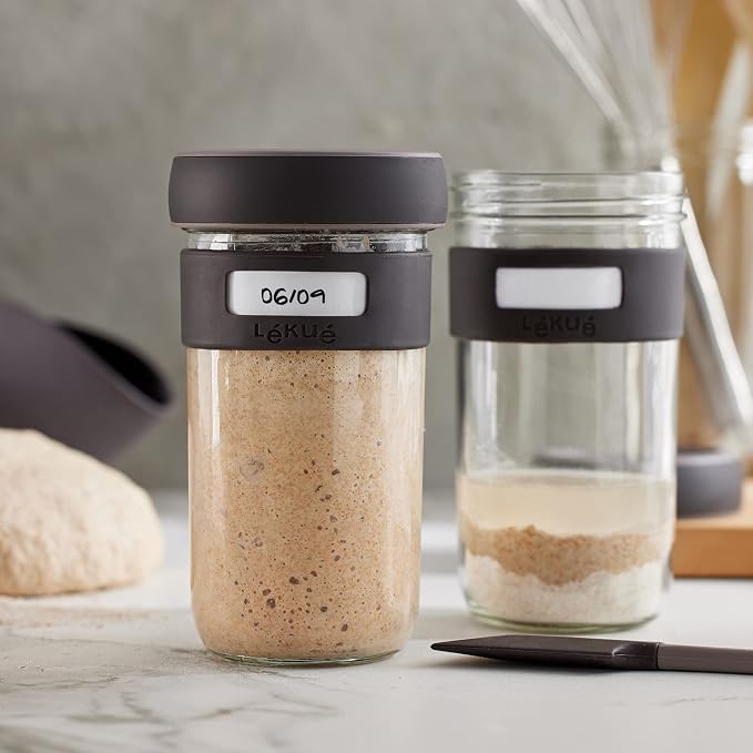 Lékué 6 Piece Sourdough Starter Kit | x2 Glass Jars, Spatula + Recipes | Make Sourdough Bread at Home | Platinum Silicone & Glass Vented Jars, Rise Trackers, Dishwasher Safe | Home Bread Baking