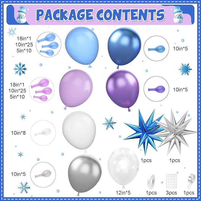 Snow Balloon Garland Arch Kit with Star Foil Balloons, Snow Birthday Party Supplies, Blue Purple White Snowflake Balloons Arch Kit for Princess Winter Wonderland Girl Baby Party Decorations
