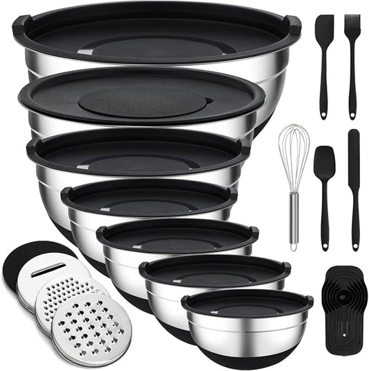 Unokit Mixing Bowls with Lids Set - 7 Pcs Stainless Steel Mixing Bowls Non-Slip Silicone Base Mixing Bowl Set for Kitchen with 3 Grater Attachments