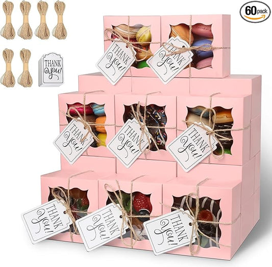 KPOSIYA 60 Pcs Pink Bakery Boxes with Window Individual Cupcake Boxes 4x4x2.5 Inches Cookie Boxes Kraft Paper Pink Gift Box for Pastries, Cookies, Pie, Donuts, Macaroon