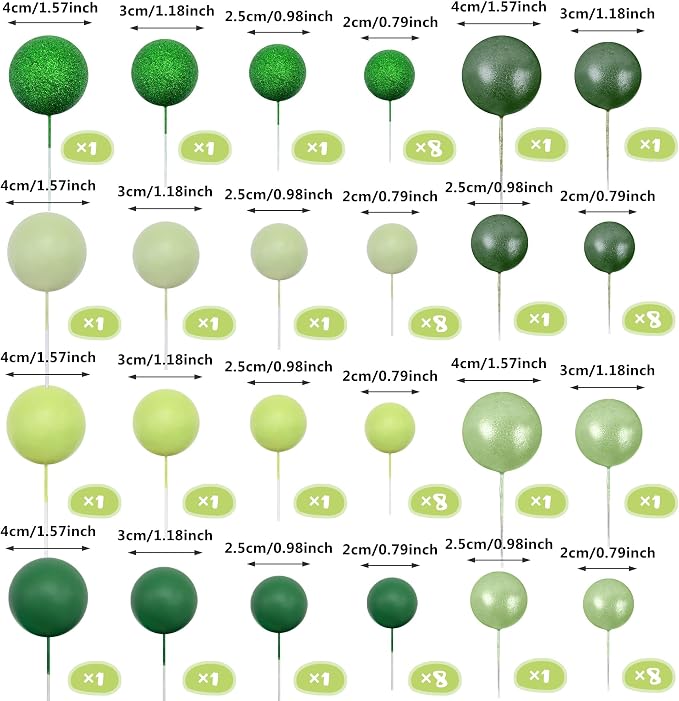 66 PCS Colorful Ball Cake Picks for Cake Decoration Green Series with 6 Vibrant Colors Pearl Ball Shaped Cupcake Toppers for Birthday Party and Wedding Supplies