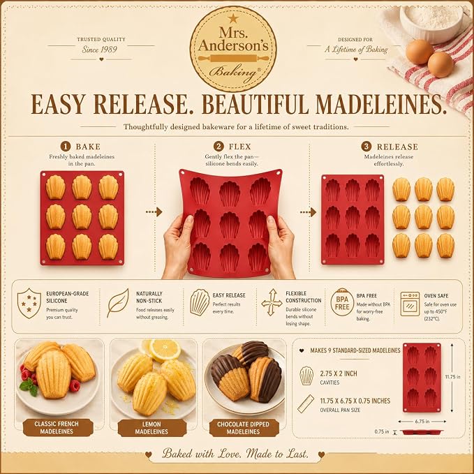 Mrs. Anderson's Baking Silicone Madeleine Cookie Pan, 9 Cup, European-Grade Silicone Bakeware, For Madeleine Cookies And Shell-Shaped Pastries