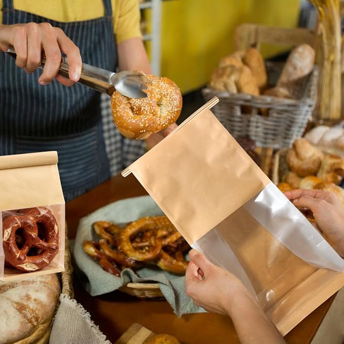 100PCS Bread Bags for Homemade Sourdough Bakery Cookie Kraft Paper Bag 5.1 x 4.13 x 11 Inch Tin Tie Tab Lock Loaf Treat Bag with Window for Bakery Cafe Homemade Breads Packaging