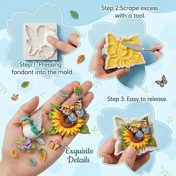 2Pcs Butterfly Sunflower Silicone Fondant Molds 3D Hummingbird Nature Candy Molds for Baking Dessert, Spring Cake Decorating, Cupcake Topper, Chocolate, Soap, Resin, Polymer Clay Crafting